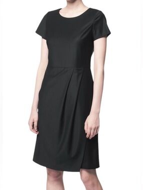 Theory Balbina Black Dress Short Sleeve Drapey Sheath Stretch Pleated Waist Sz 8